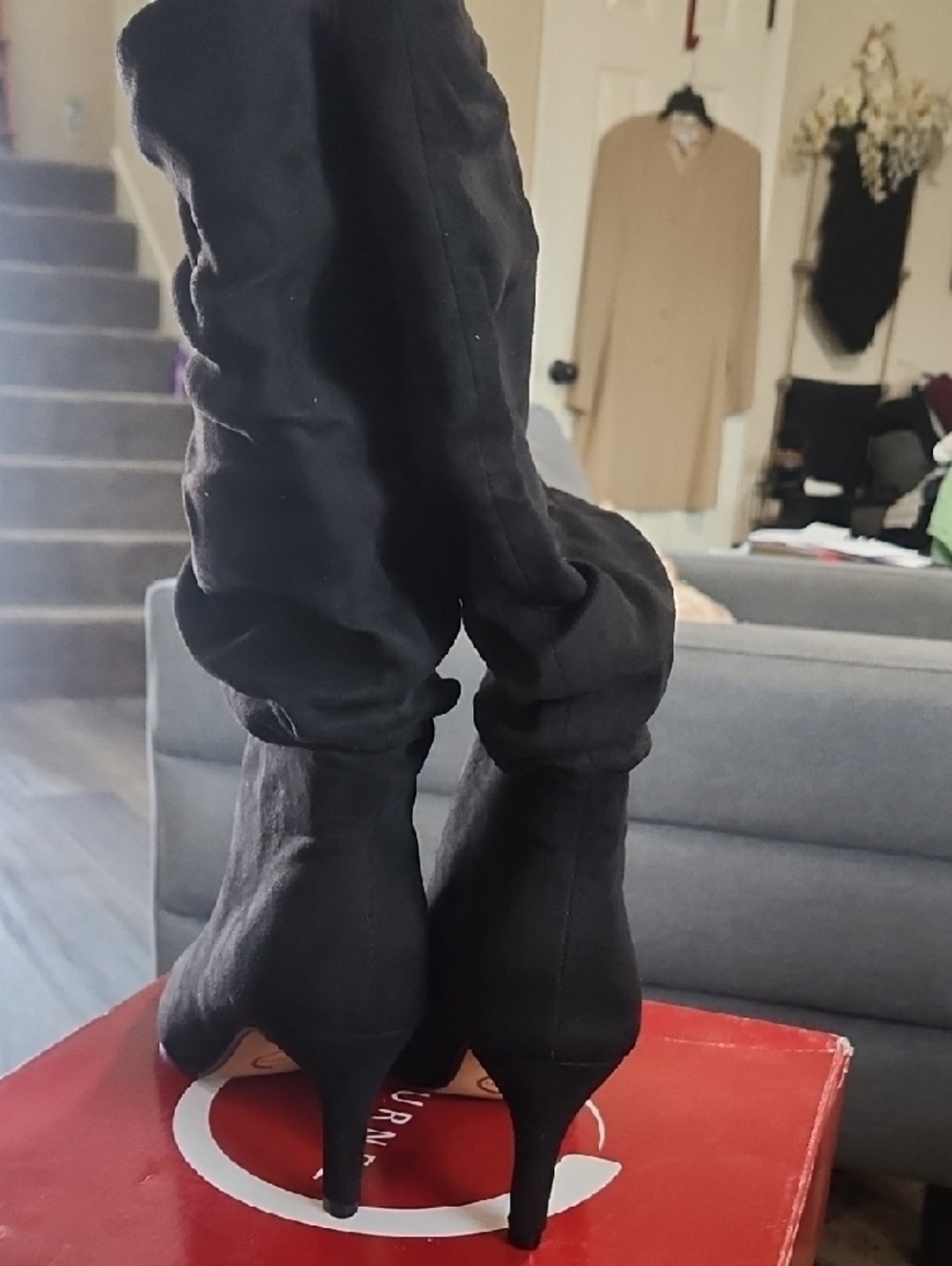 Journee Collection Black Slouchy Pointed Toe Mid-Calf Heeled Boots - Picture 5 of 10